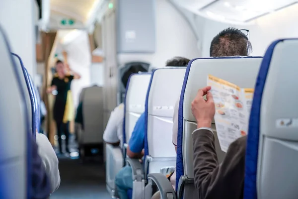 Somebody Reading Menu Seat Plane Ready Order Air Hostess — Stock Photo, Image