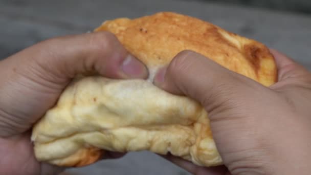 Man Hand Tear Dried Shredded Pork Bread — Stock Video