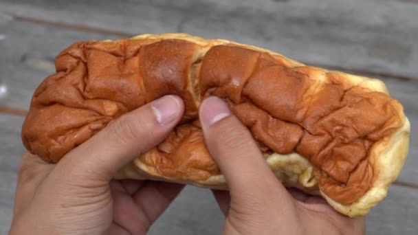 Tangan Manusia Mencabik Cabik Daging Babi Kering Dari Dalam Roti — Stok Video