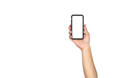 Asya Taylandlı erkek izole el Akıllı cep telefonu tutun ve yükseltmek 
