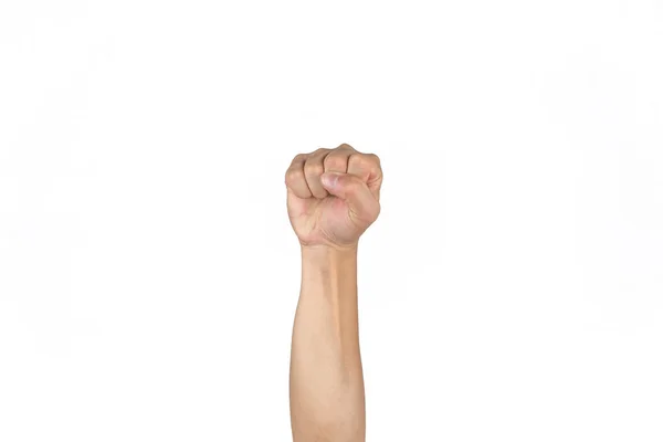 Asian Thai males tense fist and rise the isolated hand on the cl — Stock Photo, Image