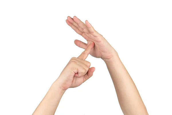 타임 아웃 기호 와 simbol 아시아 인간의 손에서 분리 흰색 — 스톡 사진