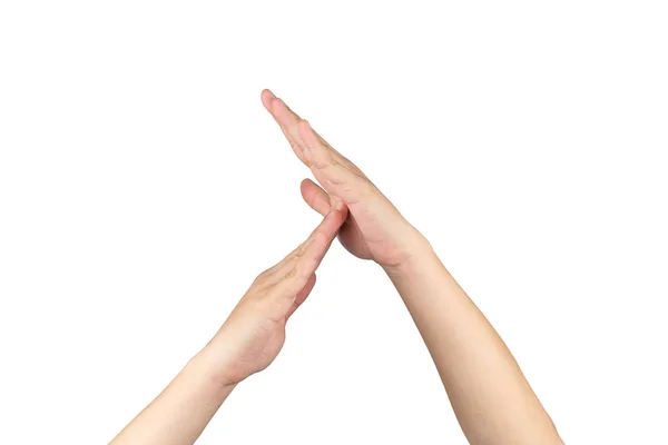 Σύμβολο χρονικού ορίου και σύνδεση από ασιατικό ανθρώπινο χέρι με απομονωμένο λευκό — Φωτογραφία Αρχείου