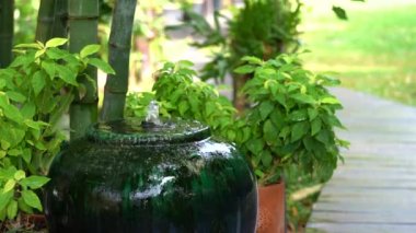 Yeşil çömlek suyu. Elctroic su pompalı ja yanında bambu ve yanında küçük ağaç olan küçük bir çeşme oluşturur..