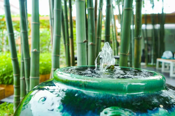 Closeup Little Fountain Bamboo Stick Green Vintage Jar Decorated Garden — Stock Photo, Image