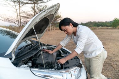 Asyalı adam broblem arabasıyla strese girdi ve arkadaki büyük tarla ormanında tek başına tamir etmeye çalıştı.. 