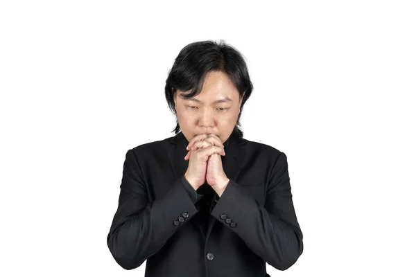 Isolated Asian Business Man Black Suit Hand Together Prays Something — Stock Photo, Image