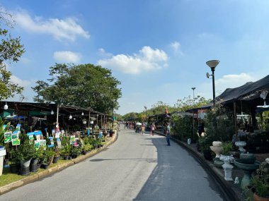 Bangkok, Tayland, 5 Aralık 2023 Suan Luang Rama IX 'teki canlı bitki pazarında gezen insanlar, aileler alışverişin keyfini çıkarırken, canlı bahçe panayırlarını keşfederken yemyeşil ve çiçeklerle çevrili..