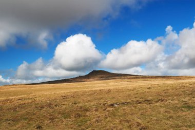 Tavşan billowing karşı beyaz Tor kümülüs bulutlar, Dartmoor Milli Parkı, Devon, İngiltere
