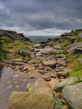 Kinder Downfall Pennine Way üzerinde kara fırtına bulutları havai, Peak District Ulusal Parkı, İngiltere