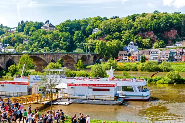 Trier Germany May 2018 Ship Mooring Front Oldest Bridge Germany — Stock Photo, Image