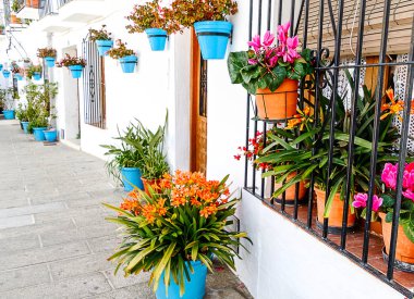 A narrow alley in Mijas white village decorated with many flowerpots. Andalusia, Costa del Sol, Spain clipart