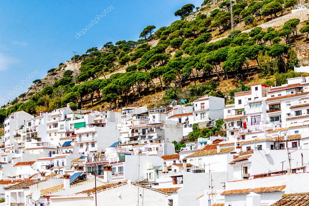 Mijas Pueblo, the charming White Village of Costa del Sol, Andalucia, Spain. Mijas is also famous for its burro taxis  touristy carriages pulled by donkeys. 