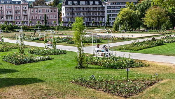 Jardim Rosas Pitoresca Cidade Termal Baviera Margens Rio Saale Bad — Fotografia de Stock