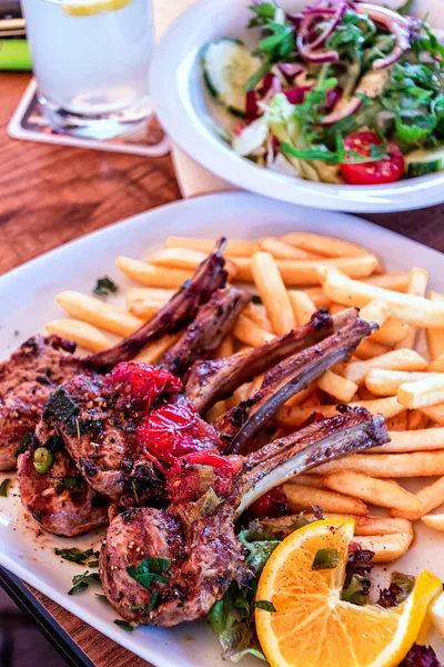 Grilled Lamb Chops French Fries Salad — Stock Photo, Image