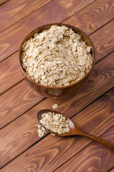 Oat Flakes Wooden Bowl Wooden Rustic Background — Stock Photo, Image