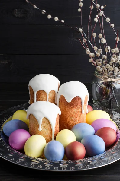 Easter Cakes Eggs Dark Rustic Wooden Background Bouquet Willow Still — Stock Photo, Image