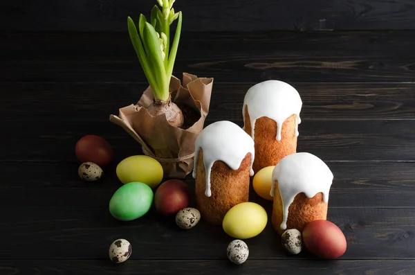 Easter eggs, easter cake and hyacinths on a dark background