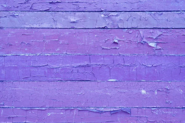 Vieux shabby, peeling violet vif, lilas, peinture sur un mur en bois . — Photo