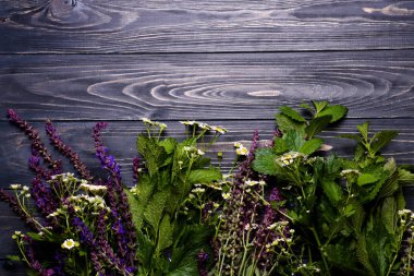 Metin için yer ahşap bir zemin üzerine alan çim. Düz yatıyordu. Üstten görünüm.