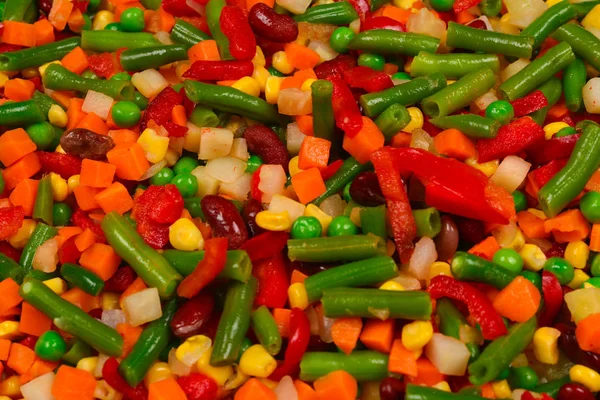 Skivade grönsaker, majs, bönor, ärtor, morötter, paprika BAC — Stockfoto