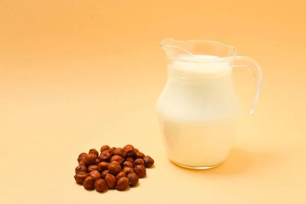 Hazelnoot melk in een potje en noten. — Stockfoto