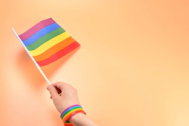 Turuncu arka planda kadın el LGBT bayrağı. Boşluk Kopyala. 