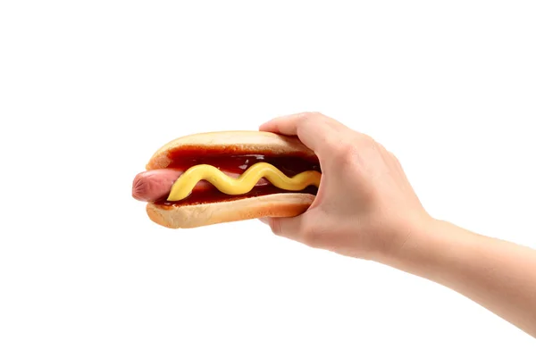 Hot dog in woman hand isolated on white background. Copy space. — Stock Photo, Image