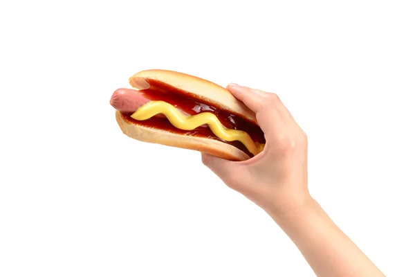 Beyaz arka planda elle izole edilmiş sosisli sandviç. Boşluğu kopyala. — Stok fotoğraf