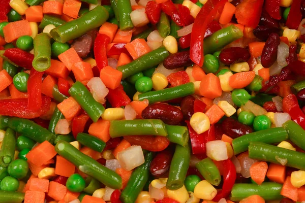 切片蔬菜,玉米,豆类,豌豆,胡萝卜,甜椒百汁 — 图库照片
