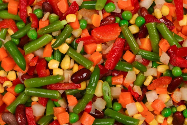 Skivade grönsaker, majs, bönor, ärtor, morötter, paprika BAC — Stockfoto