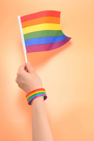 Bandeira LGBT na mão da mulher no fundo laranja. Espaço de cópia . — Fotografia de Stock