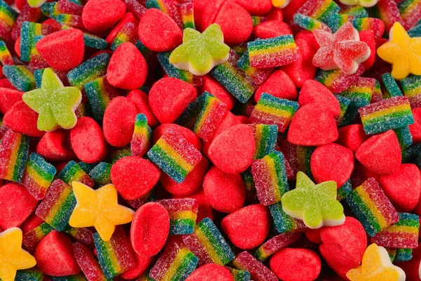 Diverse kleurrijke Gummy snoepjes. Bovenaanzicht. Jelly Sweets. — Stockfoto