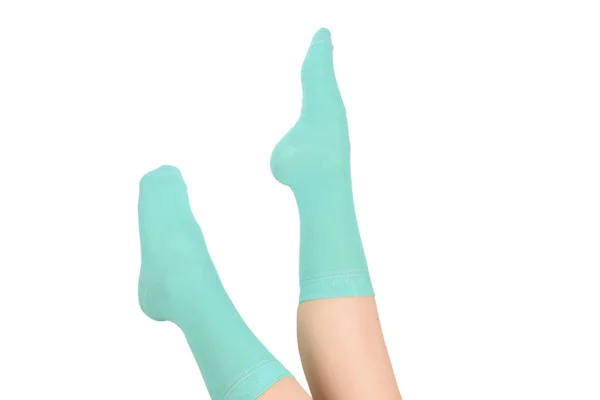 Woman in blue socks isolated on white background. Top view. — Stock Photo, Image