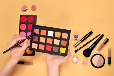 Kadın elinde göz farı paleti. Profesyonel makyaj ürünleri w