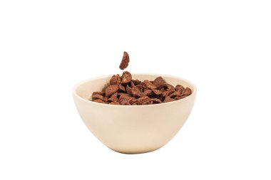 Beyaz kaseye düşen çikolatalı mısır gevreği. Hareket. Kopyalama alanı.