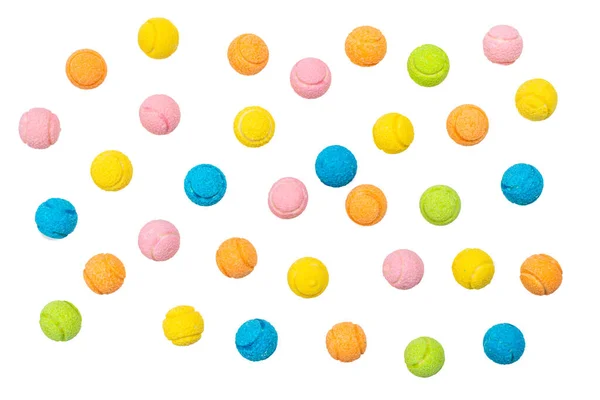 Färgglada Tennisbollar Isolerade Vitt Ovanifrån — Stockfoto