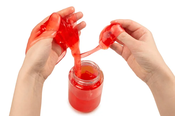 Red Slime Toy Woman Hand Isolated White Top View — Stock Photo, Image