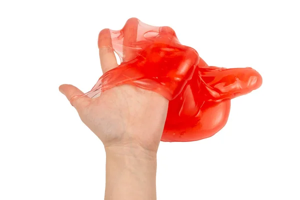 Rotes Schleimspielzeug Frauenhand Isoliert Auf Weißem Ansicht Von Oben — Stockfoto