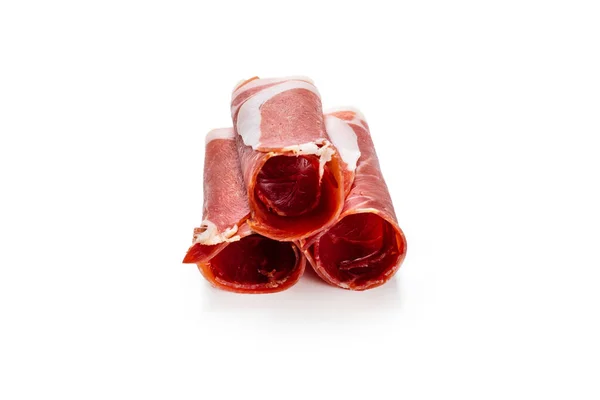 Tenký Krájený Jamon Izolovaný Bílém Pozadí Horní Pohled — Stock fotografie