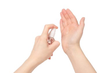 Beyaz arka planda el dezenfeksiyonu var. Üst görünüm. 