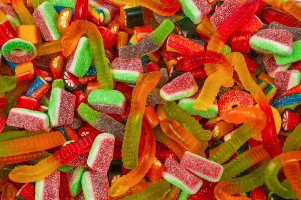 Assorted Tasty Gummy Candies Top View Jelly Sweets Background — Stock Photo, Image