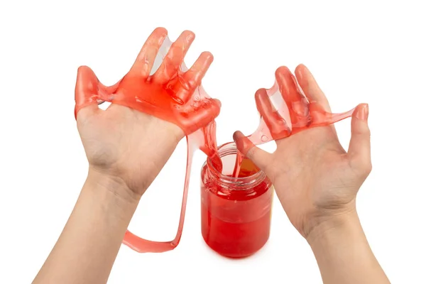 Red Slime Toy Woman Hand Isolated White Top View — Stock Photo, Image