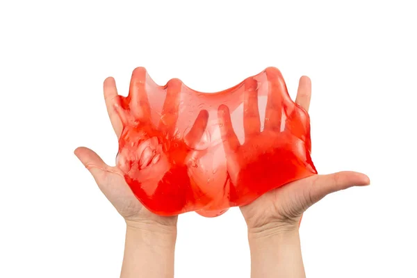Red Slime Toy Woman Hand Isolated White Top View — Stock Photo, Image