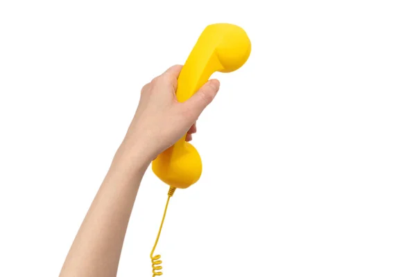 Желтый Телефон Женской Руке Изолирован Белом Копирование Пространства — стоковое фото