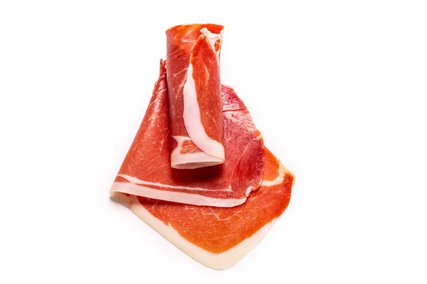 Jamón Cortado Rodajas Finas Aislado Sobre Fondo Blanco Vista Superior — Foto de Stock