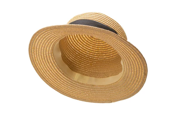 Cappello Paglia Con Fiocco Nero Isolato Sfondo Bianco — Foto Stock