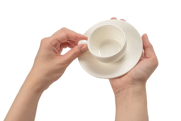 Пустой Кофе Чашку Руке Женщины Изолированы Белом Фоне — стоковое фото