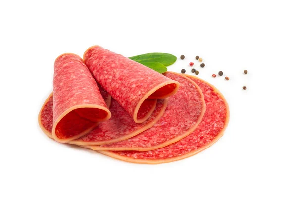 Tasty Salami Slices Isolated White Background — Stock Photo, Image