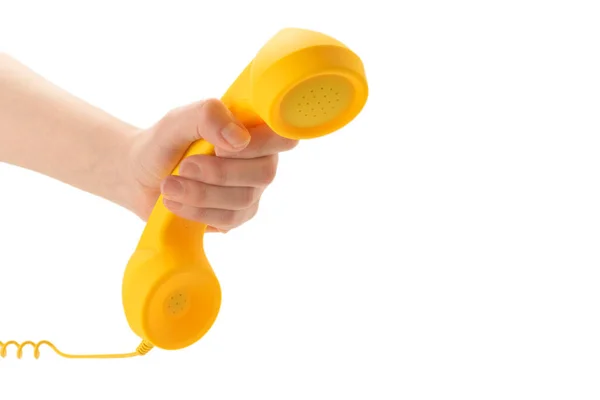 Żółty Telefon Ręce Kobiety Odizolowany Biało Przestrzeń Kopiowania — Zdjęcie stockowe